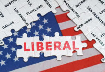 Puzzle pieces with city names over American flag background.
