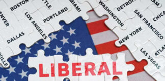 Puzzle pieces with city names over American flag background.