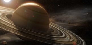 A stunning view of Saturn with its rings and surrounding celestial bodies