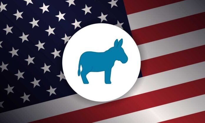 shutterstock_2498641255 Blue donkey symbol on a background of the American flag