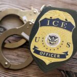 ICE Grab Triggers Virginia Murder Uproar ICE officer badge next to handcuffs on a wooden surface