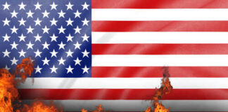 American flag in flames