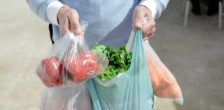 Person carrying grocery bags with vegetables and fruits.