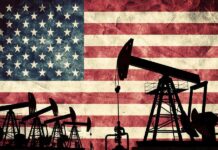 Trump Claims Mind-Blowing Oil Coup Silhouettes of oil pumps in front of a distressed American flag