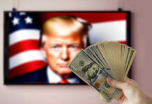 Bank Flags Trump — 300 Accounts Gone Hand holding cash in front of American flag background with Donald Trumps face