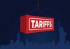 NOW: Tariff TIT-FOR-TAT Ignites Red shipping container labeled 'TARIFFS' suspended above a city skyline