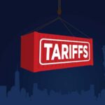 NOW: Tariff TIT-FOR-TAT Ignites Red shipping container labeled 'TARIFFS' suspended above a city skyline