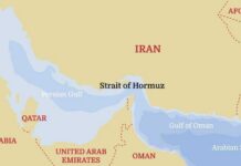 NOW: Hormuz Flashpoint Sends Oil Soaring Again Map showing the Strait of Hormuz and surrounding countries