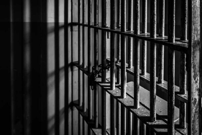 shutterstock_7243457534 Black and white prison cell bars in dim light.
