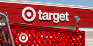 Red shopping cart in front of a Target store