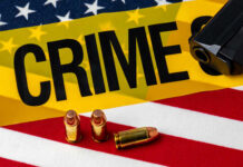 Sunrise Shootout: 3 Dead, 4 Wounded A gun and bullets on an American flag with a crime scene marker