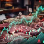 Cheap Burgers, Costly Blow To Ranchers Graph overlay on a meat market display showing stock trends