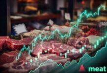 Graph overlay on a meat market display showing stock trends