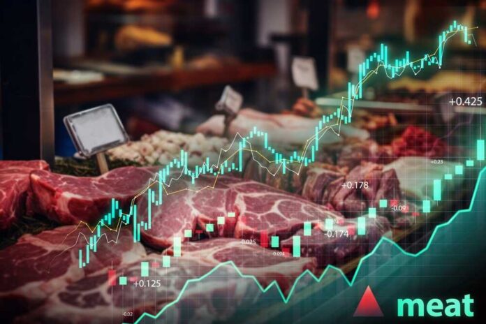 Fresh,Cuts,Of,Meat,Displayed,With,Superimposed,Financial,Growth,Charts Graph overlay on a meat market display showing stock trends