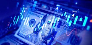 US dollar bills with overlaid stock market charts