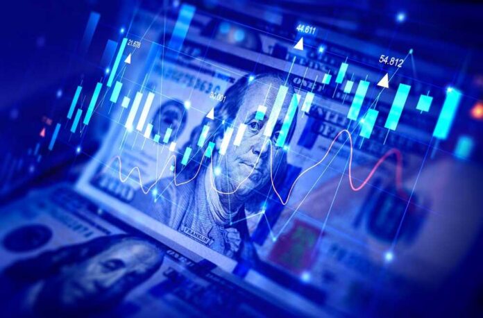 Dollars,100,Banknotes,With,Stock,Market,Chart,Graph,For,Currency US dollar bills with overlaid stock market charts