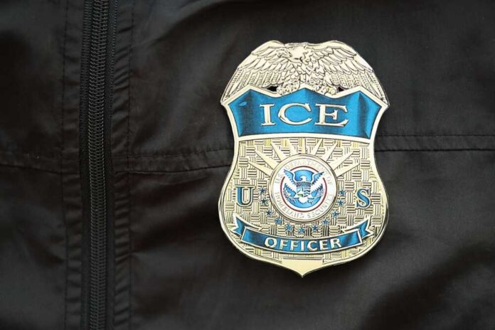 Kyiv,,Ukraine,-,March,9,,2024,Us,Ice,Officer,Badge Close-up of an ICE officer badge on a black jacket