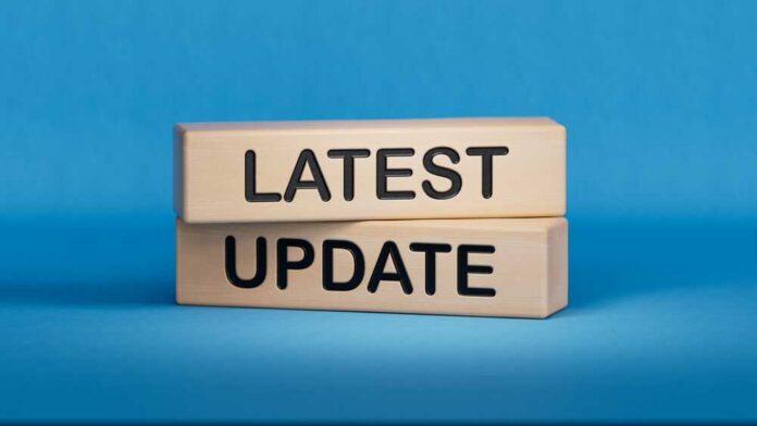Latest,Update,Symbol.,Stone,Wall,With,Words,Latest,Update.business,And Wooden blocks with the words latest update on blue background
