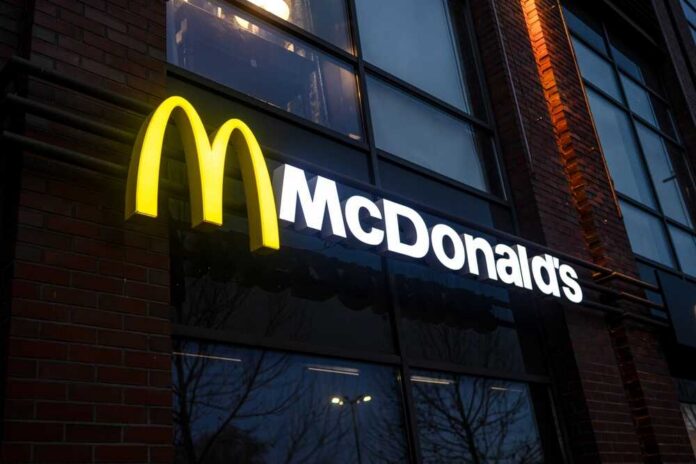 Mcdonald's,Logo,In,Wroclaw,,Poland,28,Jan,2025 Illuminated McDonald's sign on a brick building at night