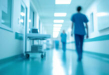 Blurred hospital corridor with medical staff walking