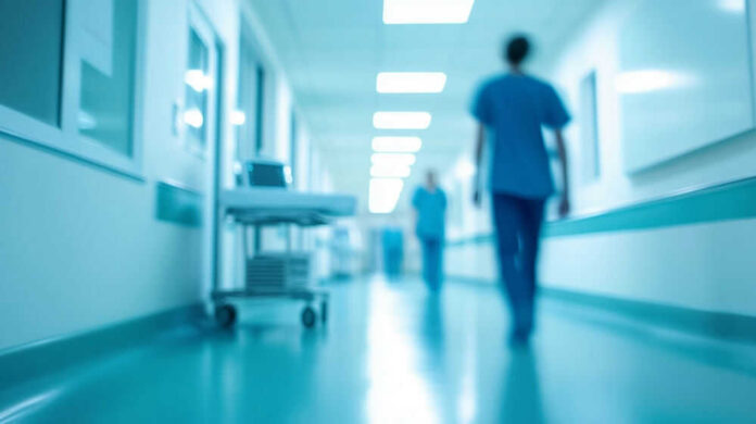 shutterstock_2600957699 Blurred hospital corridor with medical staff walking