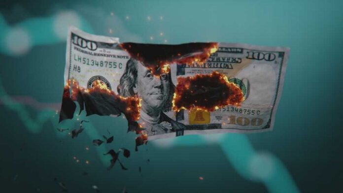 3d,Animation,Of,Burning,Hundred,Dollar,Banknote,And,Diagrams.,Visualization
