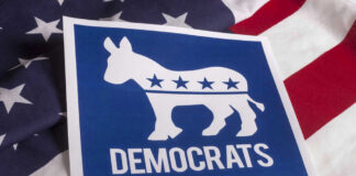 Democratic Party donkey logo on American flag background.
