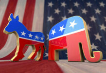 Party Revolt: Republican Backs Democrat Donkey and elephant symbols with American flag background.