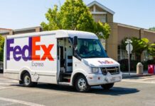 FedEx delivery truck on a city street