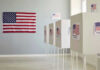 Election Chaos Warning Rattles Washington Polling booths with American flags and Vote signs.
