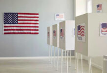 Election Chaos Warning Rattles Washington Polling booths with American flags and Vote signs.