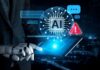 AI Push Takes Over Kroger HQ Robot hand holding tablet with AI interface and warning icon