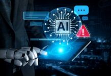 AI Push Takes Over Kroger HQ Robot hand holding tablet with AI interface and warning icon