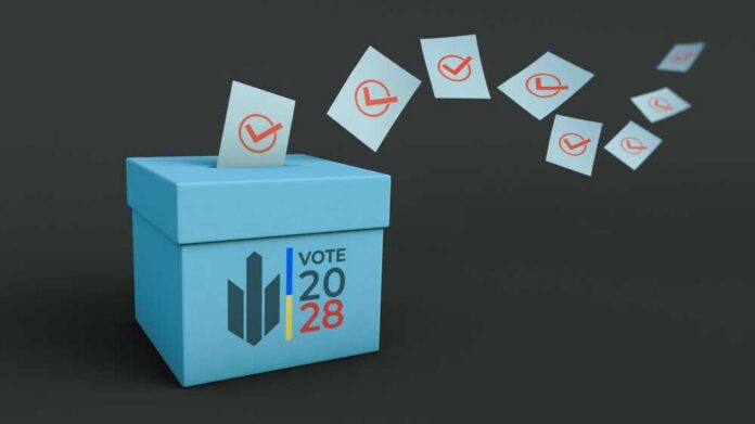 A,Ballot,Box,On,A,Dark,Background.,Levitating,Ballots.,Vote A blue voting box with ballot papers being cast into it for the 2028 election