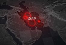 A digital map highlighting Iran with red circles
